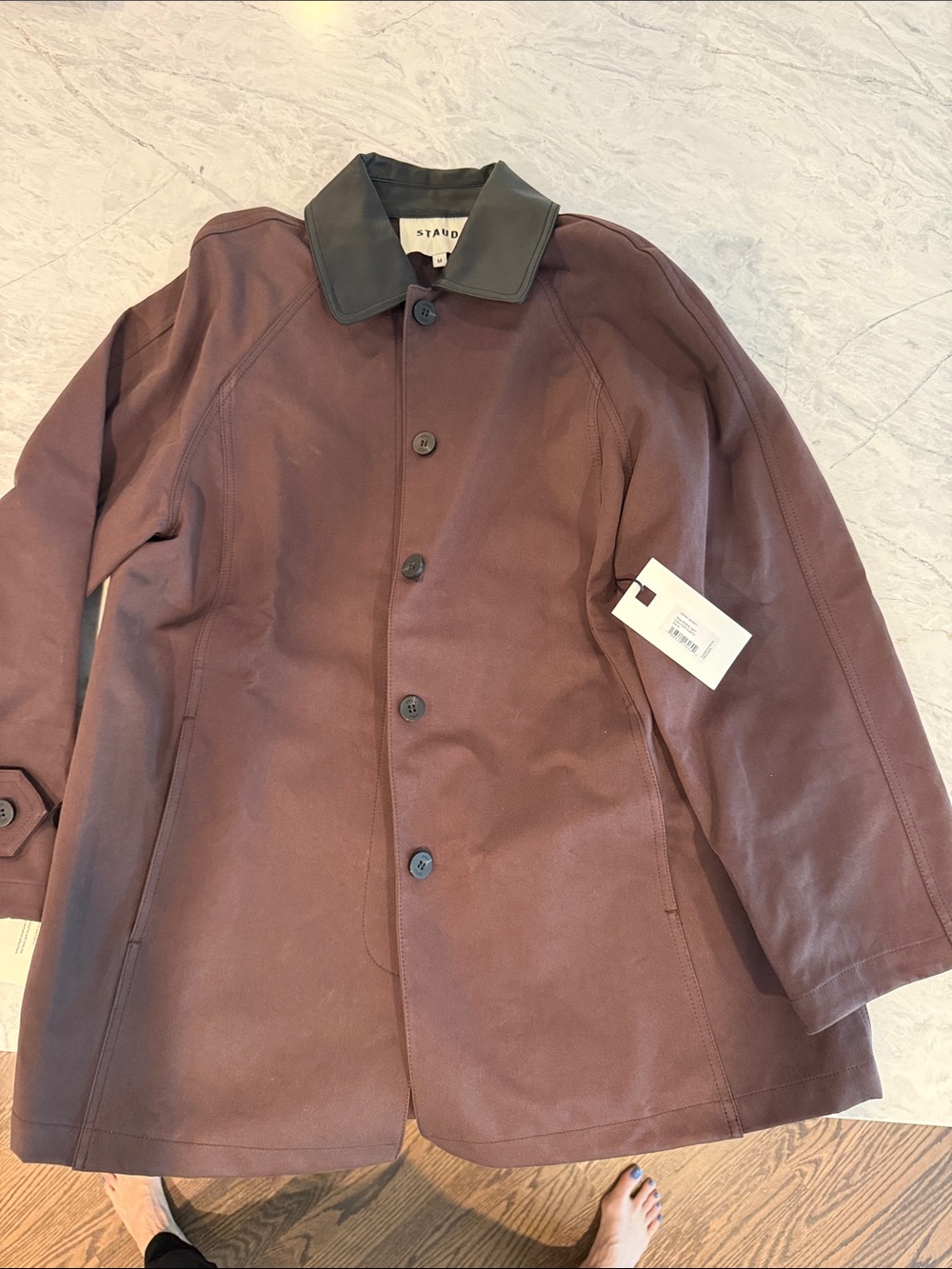 STAUD Chocolate Brown Trench Coat with Black Collar